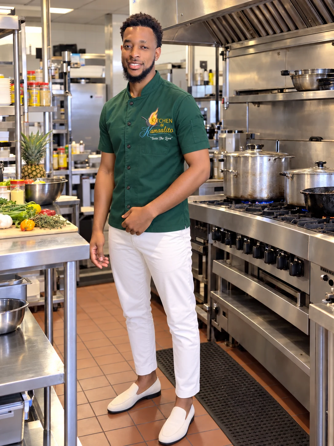 Kam wearing an emerald-green Kitchen dé Kamaalíto chef’s top in a professional kitchen